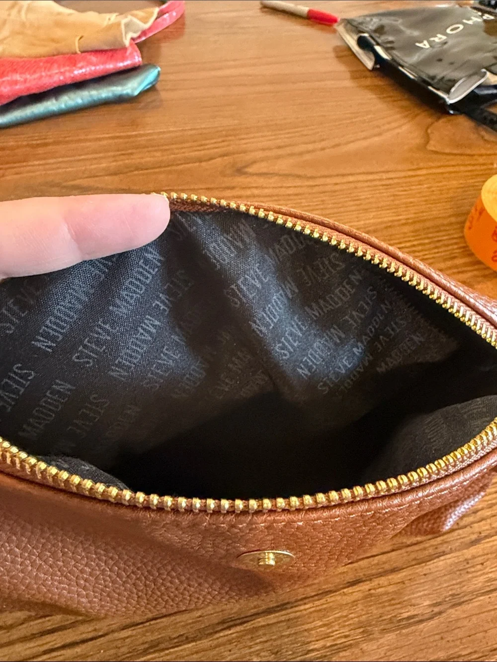 Steve Madden Brown Pebbled Leather Toiletry Pouch with Gold Hardware